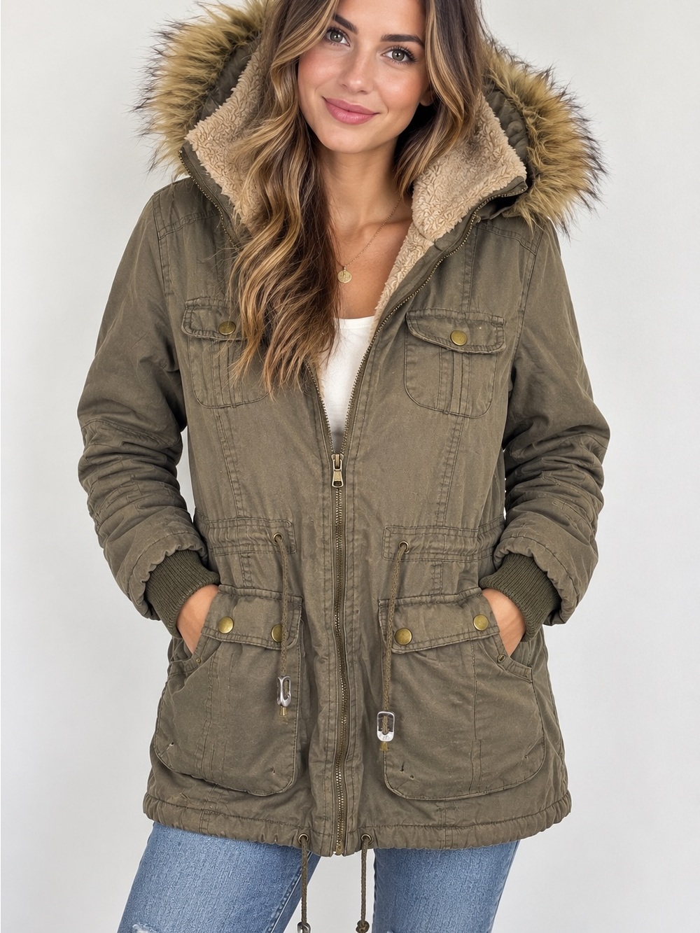 YMI Women's Faux-Fur Hooded Parka Jacket - Olive Green Khaki lined coat winter